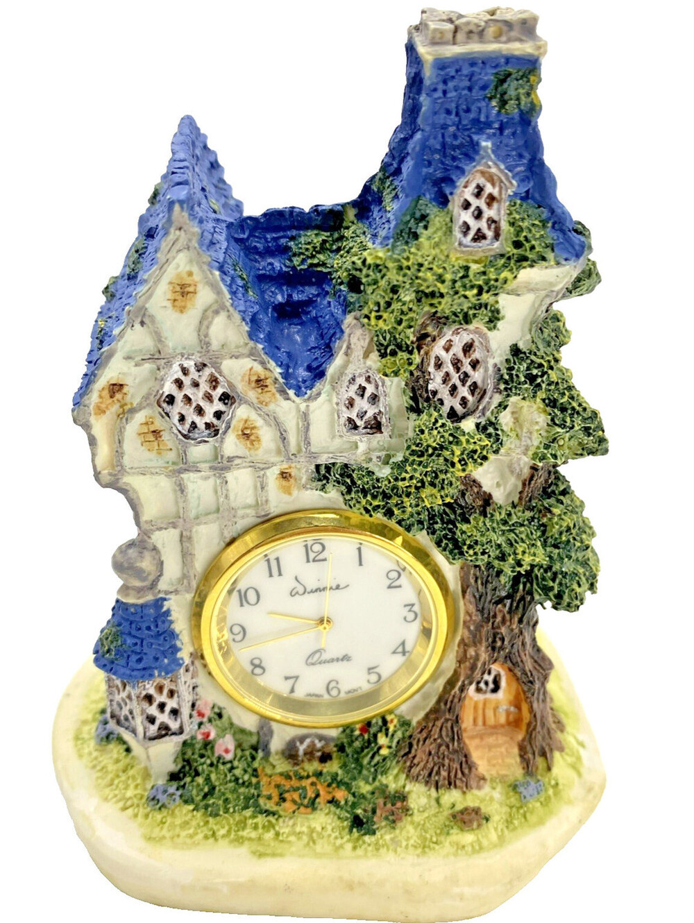 Vintage Cottage Mini Clock Resin House Blue Roof Village Quartz Desk